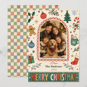 Eenvoudige vrolijke kerst foto handgetekende doodl feestdagenkaart