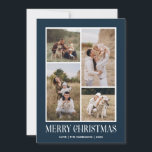 Eenvoudige Vrolijke Kerstmis 4 Fotocollage | BLAUW Feestdagenkaart<br><div class="desc">Verstuur uw vakantiegroeten dit winterseizoen met onze minimalistische en stijlvolle vakantiekaart, met een prachtige 4-foto collage aan de voorkant en een opvallende "Merry Christmas"-boodschap in moderne witte typografie met retro vibes over een klassieke feestelijke BLAUWE achtergrond. Personaliseer de voorkant van de kaart met uw eigen foto's en naam voor een...</div>