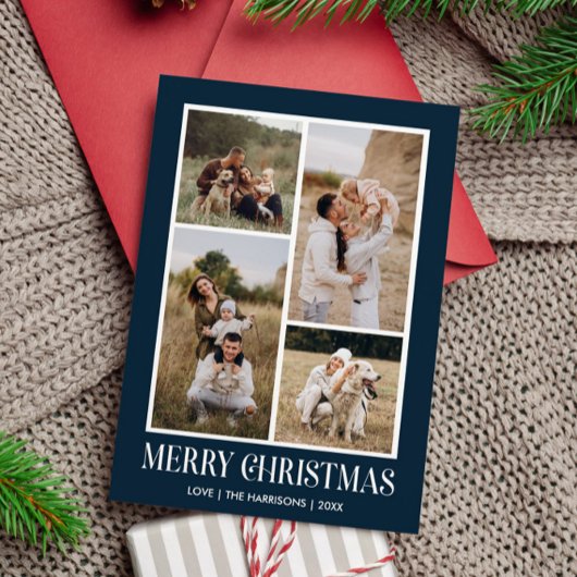 Eenvoudige Vrolijke Kerstmis 4 Fotocollage | BLAUW Feestdagenkaart