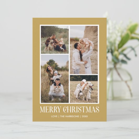 Eenvoudige Vrolijke Kerstmis 4 Fotocollage | GOUD Feestdagenkaart (Staand voorkant)
