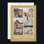 Eenvoudige Vrolijke Kerstmis 4 Fotocollage | GOUD Feestdagenkaart<br><div class="desc">Stuur uw vakantiegroeten dit winterseizoen met onze minimalistische en stijlvolle vakantiepas, met een prachtige 4-foto collage aan de voorkant en een opvallende "Merry Christmas"-boodschap in moderne witte typografie met retro vibes over CHIC GOLD-achtergrond. Personaliseer de voorkant van de kaart met uw eigen foto's en naam voor een echt unieke touch....</div>