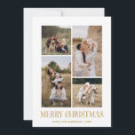 Eenvoudige Vrolijke Kerstmis 4 Fotocollage | GOUD Feestdagenkaart<br><div class="desc">Verstuur uw vakantiegroeten dit winterseizoen met onze minimalistische en stijlvolle vakantiekaart, met een prachtige 4-foto collage op de voorkant en een opvallende "Merry Christmas"-boodschap in moderne GOLD COLOR-typografie met retro vibes. Personaliseer de voorkant van de kaart met uw eigen foto's en naam voor een echt unieke touch. Op de achterkant...</div>