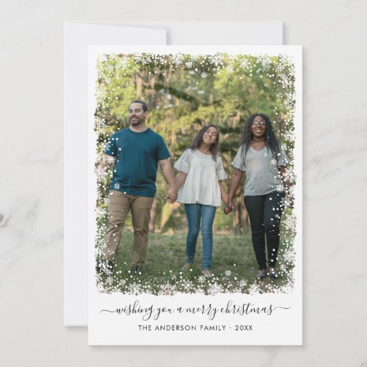 Eenvoudige Vrolijke Kerstmis Sneeuwvlok Script Fot Feestdagenkaart (Voorkant)