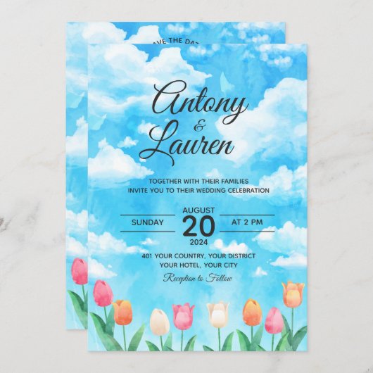 Eenvoudige waterkleur bruiloft uitnodiging (Voorkant / Achterkant)