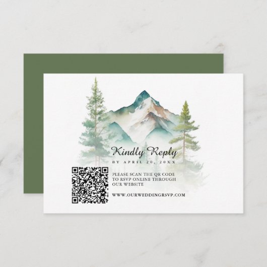 Eenvoudige Waterverf Berg QR Code Bruiloft RSVP Kaartje (Voorkant / Achterkant)
