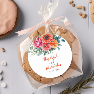 Eenvoudige Waterverf Bloemen   Sinaasappel & Roze  Ronde Sticker
