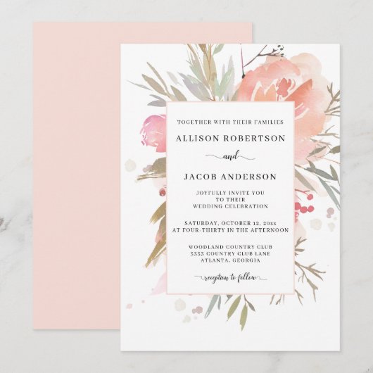 Eenvoudige Waterverf Blush Pink Floral Wedding Kaart (Voorkant / Achterkant)