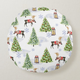Eenvoudige waterverf Boho Kerst Reindeer boom Rond Kussen