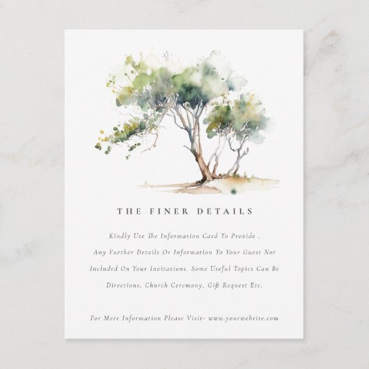 Eenvoudige Waterverf Botanische Boom Trouwdetails Informatiekaartje (Voorkant)