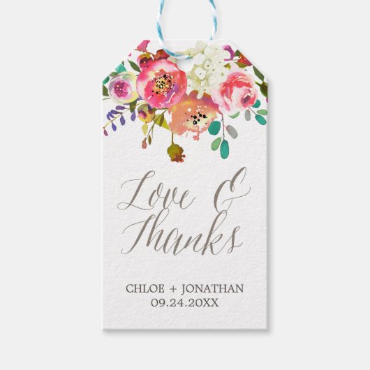 Eenvoudige Waterverf Bouquet "Love & Bedankt" Wedd Cadeaulabel (Voorkant)