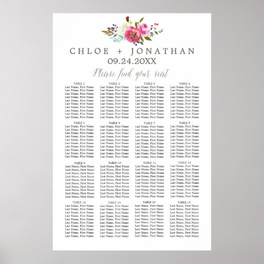 Eenvoudige Waterverf Bouquet Wedding Seating Chart Poster (Voorkant)