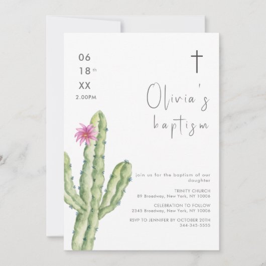 Eenvoudige Waterverf Cuctus Flower Cross doop Kaart (Voorkant)