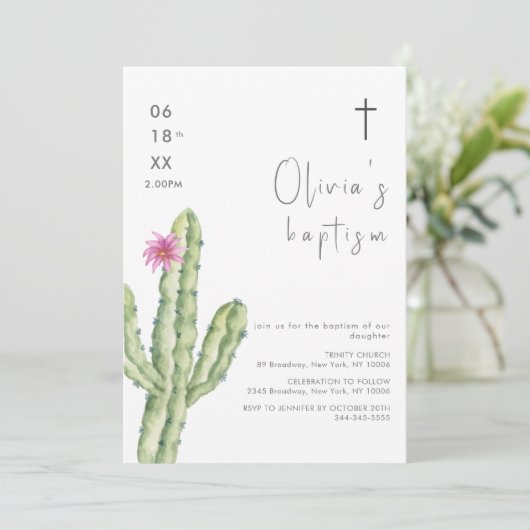 Eenvoudige Waterverf Cuctus Flower Cross doop Kaart (Staand voorkant)