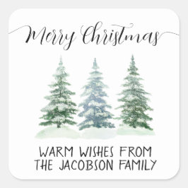Eenvoudige waterverf dennenbomen vrolijk kerstfees vierkante sticker