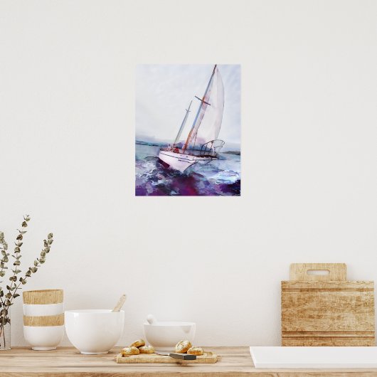 Eenvoudige waterverf en inkt van leaning Sailboat Poster (Keuken)