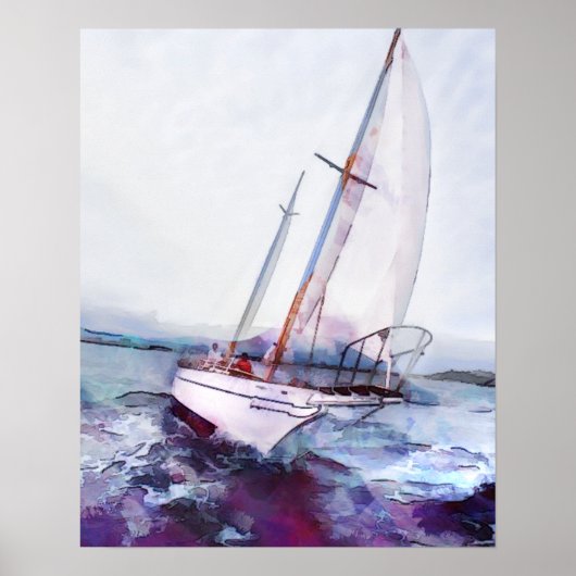 Eenvoudige waterverf en inkt van leaning Sailboat Poster (Voorkant)