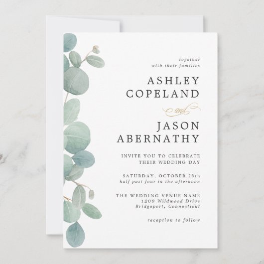 Eenvoudige Waterverf Eucalyptus Border Bruiloft Kaart (Voorkant)