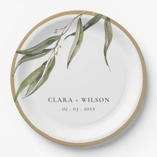 Eenvoudige Waterverf eucalyptus botanische bruilof Papieren Bordje (Voorkant)