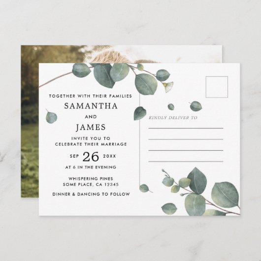 Eenvoudige Waterverf eucalyptus foto bruiloft Uitnodiging Briefkaart (Voorkant / Achterkant)