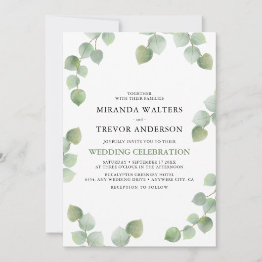 Eenvoudige Waterverf Eucalyptus Greenery Wedding Kaart (Voorkant)