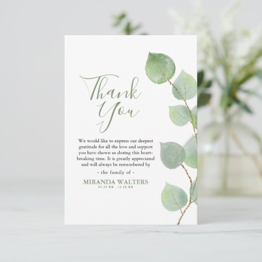 Eenvoudige Waterverf Eucalyptus groen sympathie Bedankkaart (Staand voorkant)