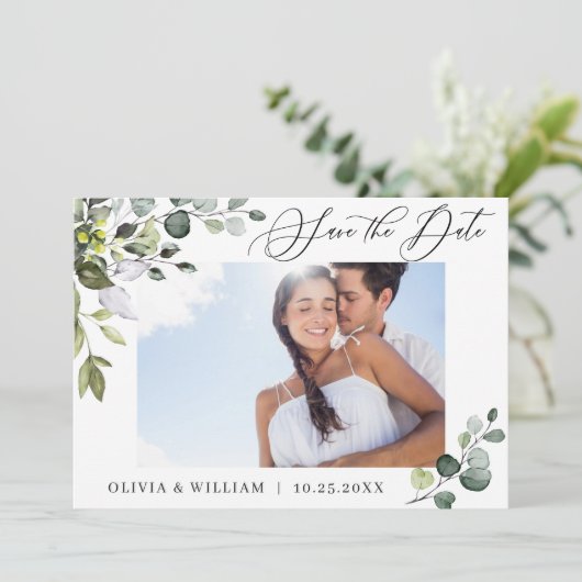 Eenvoudige Waterverf Eucalyptus Weddenschap Save The Date (Staand voorkant)