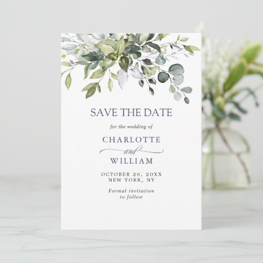 Eenvoudige Waterverf Eucalyptus Weddenschap Save The Date (Staand voorkant)