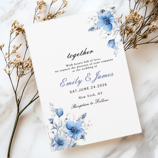 eenvoudige Waterverf Floral Dusty Blue bruiloft in Save The Date