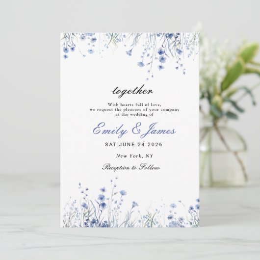 eenvoudige Waterverf Floral Dusty Blue bruiloft in Save The Date (Staand voorkant)