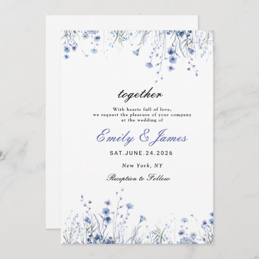 eenvoudige Waterverf Floral Dusty Blue bruiloft in Save The Date (Voorkant / Achterkant)