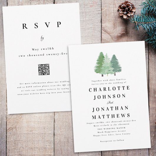 Eenvoudige Waterverf Forest Woodland Wedding QR-co Kaart