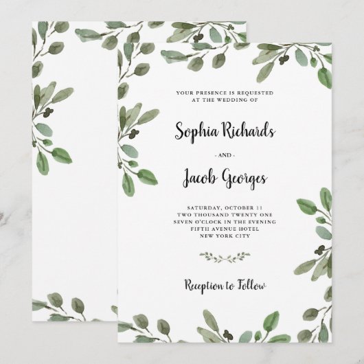 Eenvoudige Waterverf Greenery | Elegant Wedding Kaart (Voorkant / Achterkant)