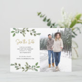 Eenvoudige Waterverf Greenery en Gold Photo Save The Date (Staand voorkant)