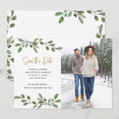 Eenvoudige Waterverf Greenery en Gold Photo Save The Date (Voorkant / Achterkant)