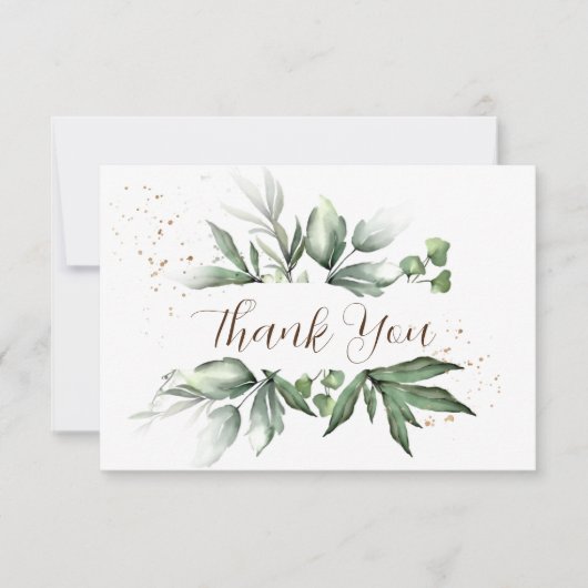 Eenvoudige Waterverf Greenery Gold Splashes Weddin Bedankkaart (Voorkant)