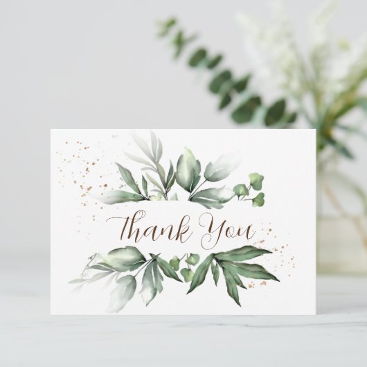 Eenvoudige Waterverf Greenery Gold Splashes Weddin Bedankkaart (Staand voorkant)