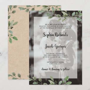 Eenvoudige Waterverf Greenery   Kraft Photo Weddin Kaart