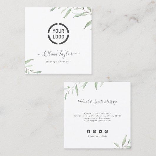 Eenvoudige Waterverf Greenery Massage Therapist Vierkante Visitekaartje (Voorkant / Achterkant)