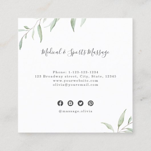 Eenvoudige Waterverf Greenery Massage Therapist Vierkante Visitekaartje (Achterkant)