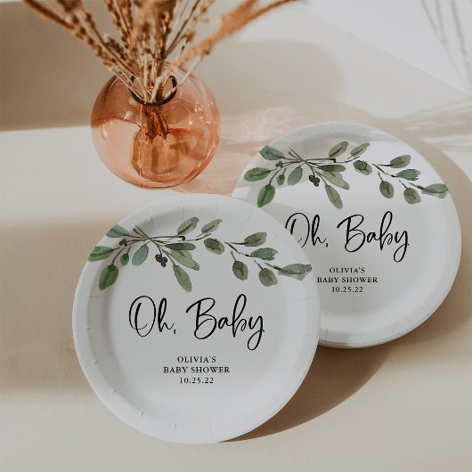 Eenvoudige Waterverf Greenery Oh Baby | BABY SHOWE Papieren Bordje