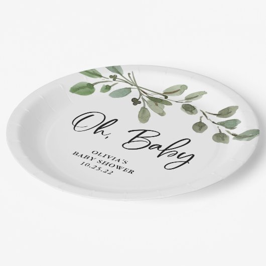 Eenvoudige Waterverf Greenery Oh Baby | BABY SHOWE Papieren Bordje (Gekanteld)