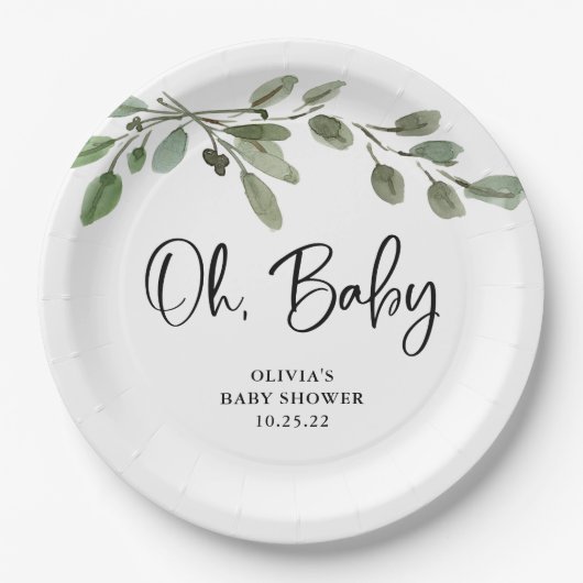 Eenvoudige Waterverf Greenery Oh Baby | BABY SHOWE Papieren Bordje (Voorkant)