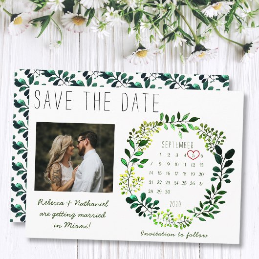 Eenvoudige Waterverf groen bruiloft foto kalender Save The Date