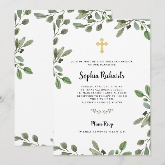 Eenvoudige Waterverf groen | Eerste Heilige Commun Kaart (Voorkant / Achterkant)