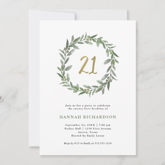 Eenvoudige Waterverf Groen en Goud 21e Verjaardag Kaart (Voorkant)