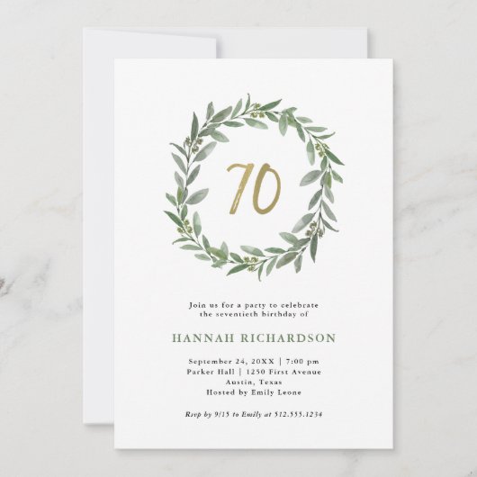 Eenvoudige Waterverf groen en goud 70e verjaardag Kaart (Voorkant)
