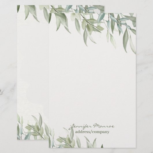 Eenvoudige waterverf groene bladeren gepersonalise briefpapier (Voorkant / Achterkant)