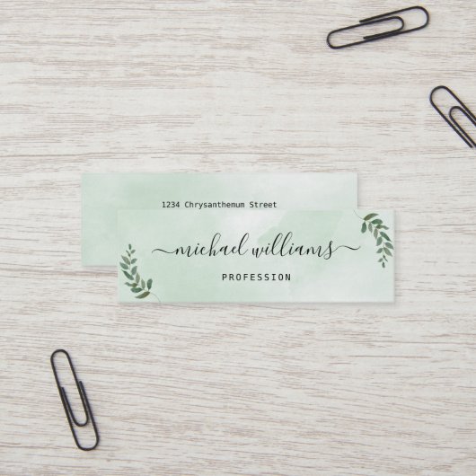 Eenvoudige waterverf groene stylist scripthandteke mini visitekaartje (Voorkant / Achterkant in situ)