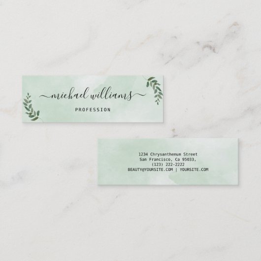 Eenvoudige waterverf groene stylist scripthandteke mini visitekaartje (Voorkant / Achterkant)