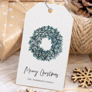 Eenvoudige Waterverf Groene Wreath Vrolijk kerst Cadeaulabel